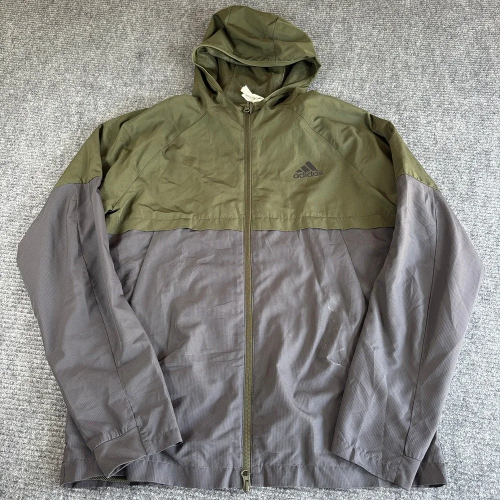 Adidas Mens Windbreaker Jacket Olive Green Grey Hooded Full Zip Medium 3442